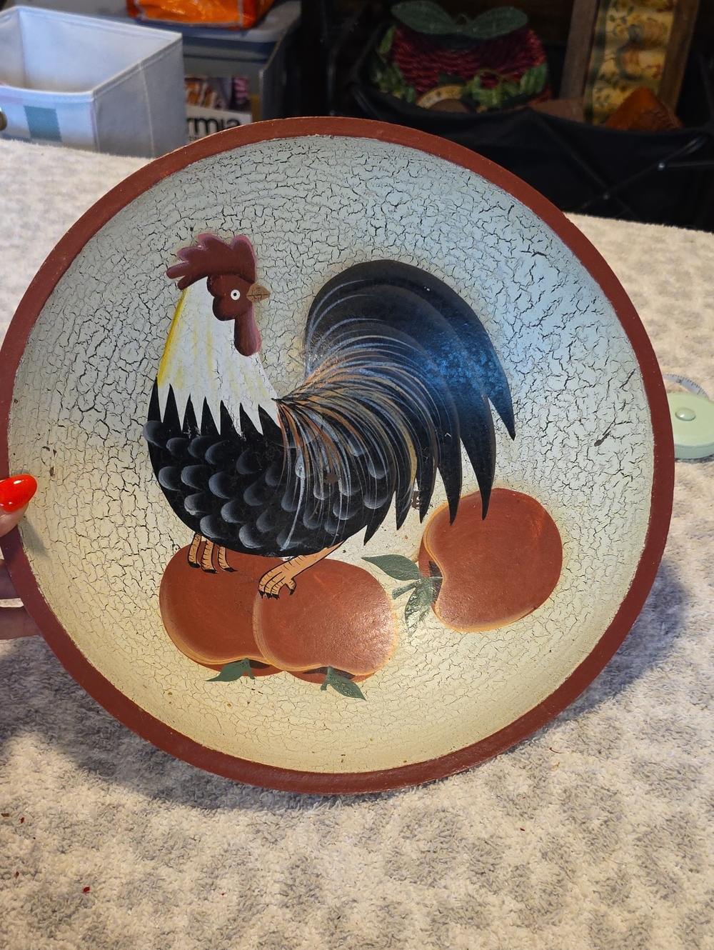 Vintage Hand Painted Country Rooster 12" Crackle Wood Bowl